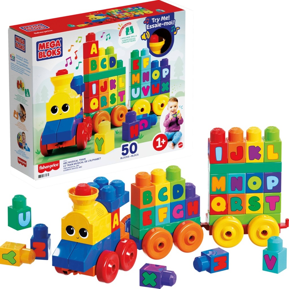 Mega Bloks First Builders ABC Musical Train 50-piece Big Building Blocks Toy Set